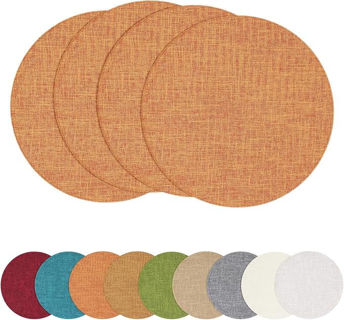 Cotton Linen 15 Inch Round Cloth Place mats, Set of 4, Orange | Washable Table Mats, Heat Resistant, Reversible, Wipeable Place Mats for Indoor Outdoor