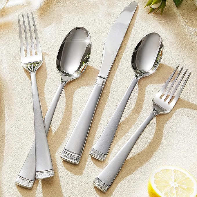 30-Piece Flatware Set, 18/10 Stainless Steel Silverware Set for 6 | Bead Edge Design, Matte Silver Finish, Dishwasher Safe, Elegant Table Setting, Daily Dining & Special Occasions