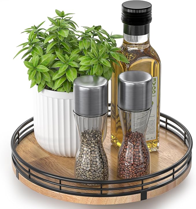 AMH 9-Inch Farmhouse Oak Lazy Susan Cabinet Organizer | Smooth rotating oak tray with walnut finish for dining tables, kitchen counters, pantries and cabinet storage.