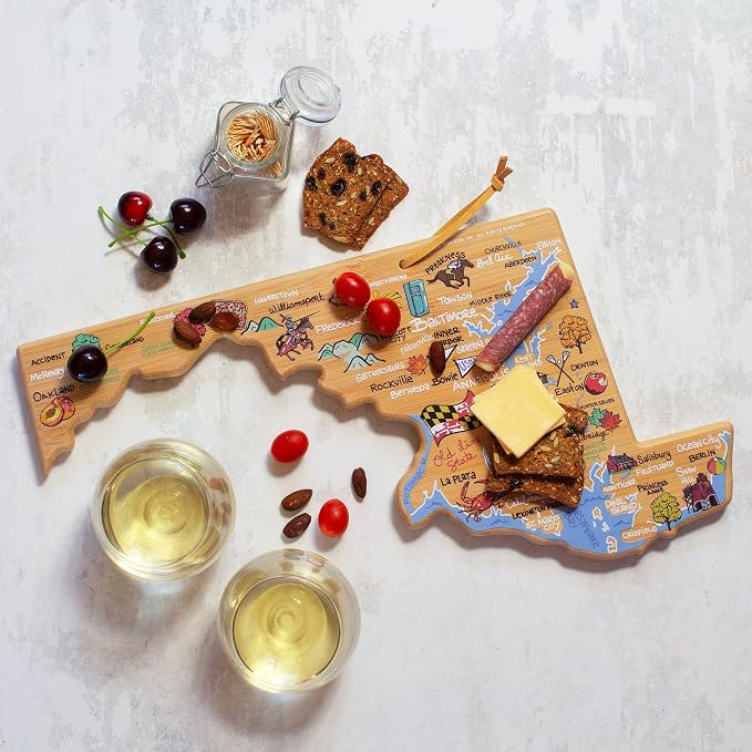 Totally Bamboo Maryland State Shaped Cutting Board, Art by Fish Kiss | State charcuterie board with colorful hand-drawn map artwork. Smooth reverse side for food prep. Hang tie for wall display.