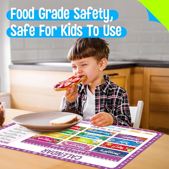 6 Pack Placemats for Kids, Non-Slip Washable Table Mat, Reusable Addition, Subtraction, Time, Calendar, Money & Holiday Placemats for Home, Kindergarten, Classroom, Nursery