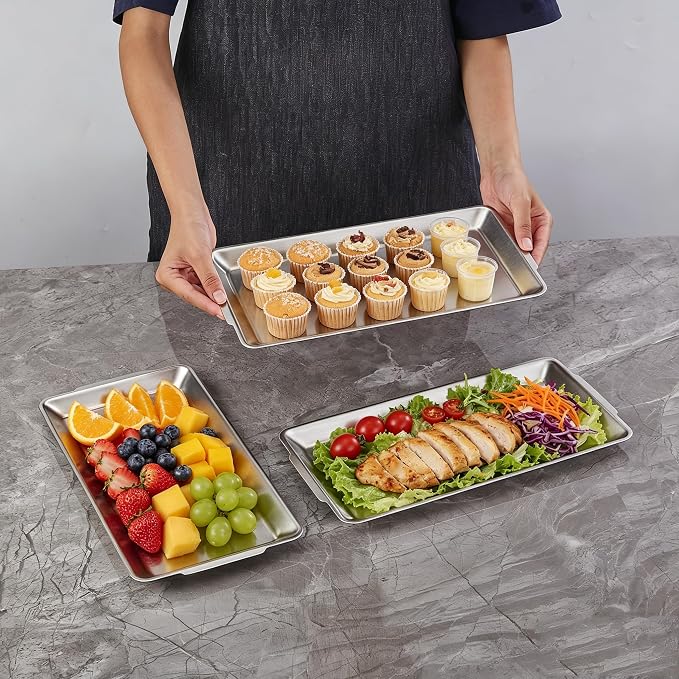 12.6" x 6.3" Dessert Tray Pastry Tray Set of 3, Stainless Steel Heavy-Duty Serving Trays, Silver Rectangular Plates for Food, Fruit, Party, Wedding, Christmas, Chip and Scratch Resistant