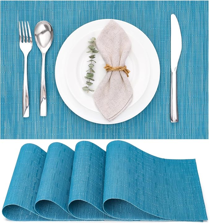 Myir JUN Placemats Set of 4 Kitchen and Dining Table Placemats | Vinyl Placemats Place Mats Indoor/Outdoor Set of 4 Washable Table Mats Non-Slip Place mats for Dining Table, Blue