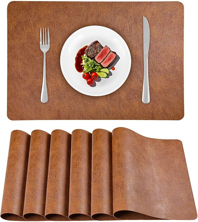 Faux Leather Placemats Set of 6 Heat Resistant Table Mats 17×12 Inch | Waterproof & Wipeable Place Mats Set of 6 Dual Sided Table Placemats for Kitchen Dining Indoor & Outdoor 43×30CM ReddishBrown