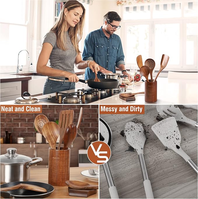 Mooues Wooden Kitchen Utensil Set, 9 Piece Natural Teak with Spoon Rest | Wooden Cooking Utensils with Comfort Grip, Smooth Durable Heat Resistant Cooking Spoons and Utensils Holder for Cooking