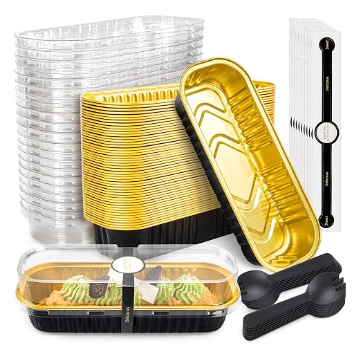NPLUX Loaf Pans with Lids, 50 Pack Black Gold 6.8oz for Weddings | Use for cake slices, loaf cuts, tiramisu and truffle layers; clear top helps buyers see the finished look.