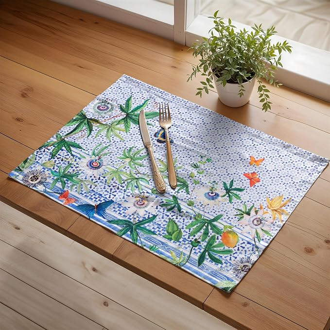 Maison d' Hermine Placemats Set of 4 Reusable 100% Cotton (13"x19") | Cloth Place Mats Washable Table Mats for Kitchen Dining Party Wedding Hotel Home Restaurant Spring Summer - Passiflora