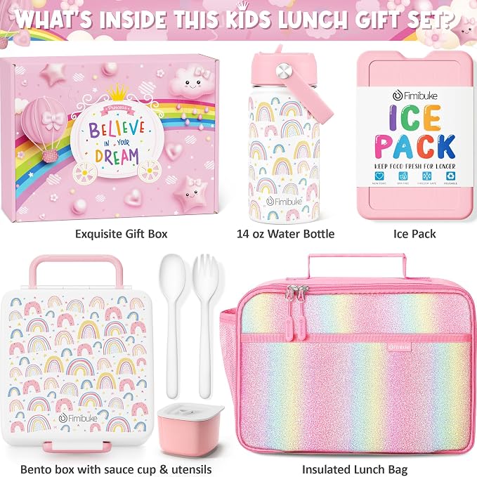 Fimibuke Kids Bento Lunch Box with Toddler Insulated Water Bottle Lunch Bag | Lunch Box Kids with 4 Compartments, Ice Pack & Utensils Set, Birthday Gifts for Ages 3-12 Back to School Toddler Girls Boys