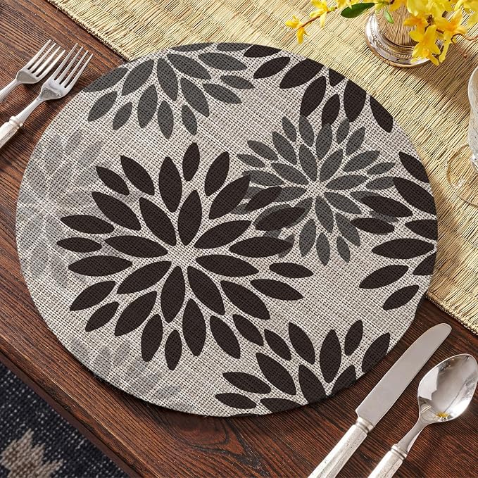Artoid Mode Black Dahlia Plastic Round Placemats Set of 4, 14 Inch Seasonal Wipeable Woven Vinyl Table Mats for Farmhouse Party Kitchen Dining Decor