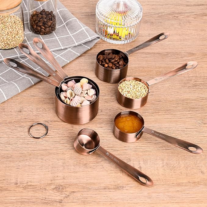 Copper Measuring Cups Set, Stainless Steel Measuring Cups Set 5, Metal Measuring Cups for Baking, Both Imperial & Metric Measuring Cups for Liquid and Dry, Nesting Kitchen Measuring Tools