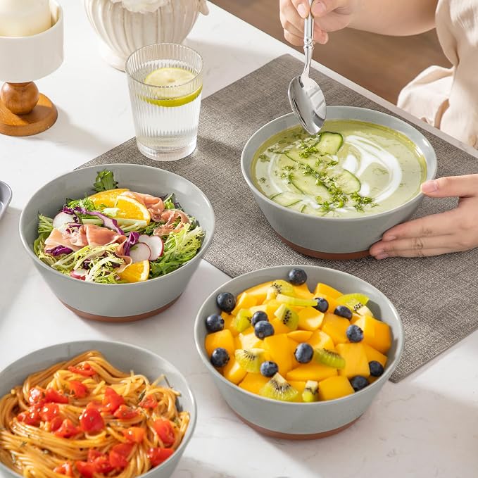 MALACASA Soup Bowls, Ceramic Salad Bowls Set of 4, 36oz Ceramic Bowls | Speckled Deep Bowls for Ramen, Cereal, Fruit and Pho, Microwave & Dishwasher Safe, Stackable, Grey & Brown, Series TARA