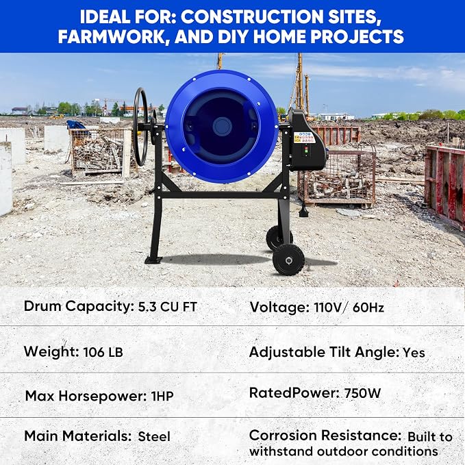 5.3 Cu.Ft. 1HP Electric Cement Mixer, 750W Portable Concrete Mixer Machine with Stand & Wheels, for Stucco, Mortar, Seeds - 2026 Upgraded (Blue)