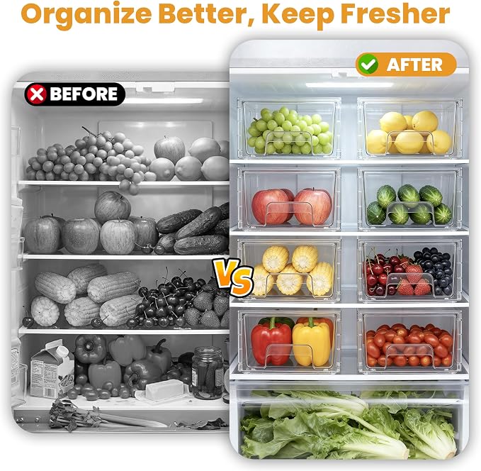 2 Pack Stackable Storage Drawers,Plastic Organizers Bins, Drawers Storage with Handles and Movable Dividers for Organization and Storage in Fridge,Bathroom, Pantry, Kitchen Cabinets, Under Sink