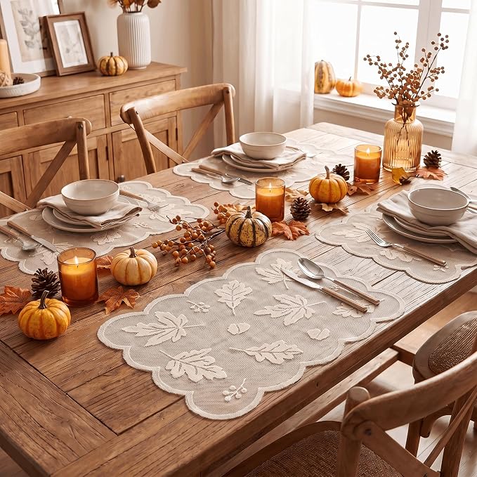Artoid Mode Beige Maple Leaves Lace Fall Placemats Set of 4, 11x17 Inch Table Mats for Thanksgiving Party Dining Table Decoration