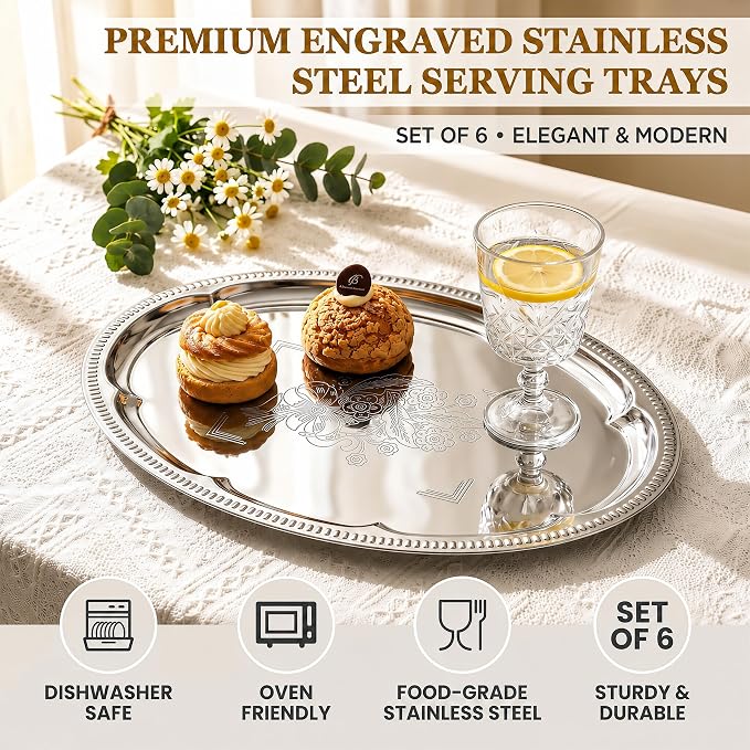 6-Pack Large Silver Serving Trays (16" x 12") – Oval Floral Engraved Serving Platters for Parties, Weddings, Birthdays, Festive Occasions – Mirror Trays for Appetizers, Charcuterie, Cookies, Desserts
