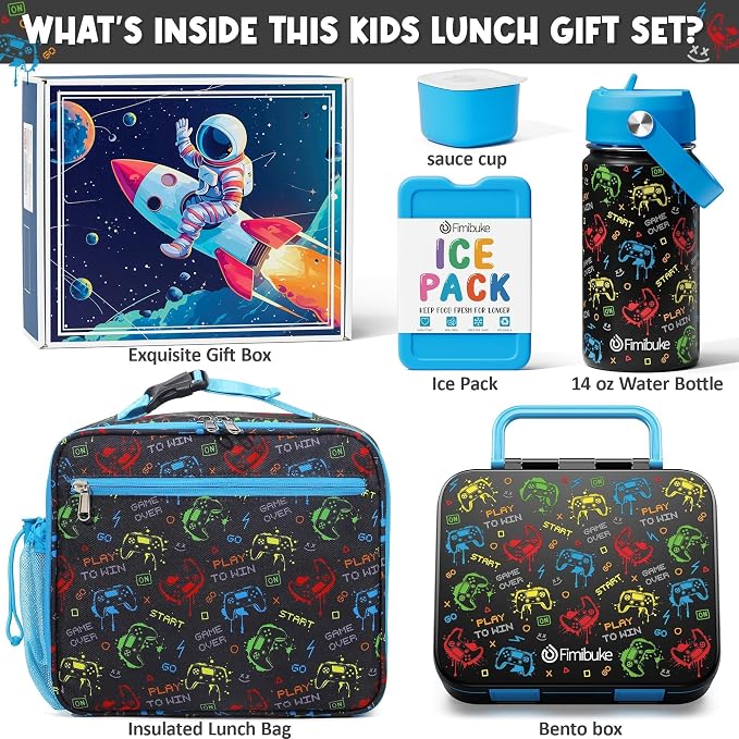 Fimibuke Bento Lunch Box for Kids - Toddler Boys Snack Bento Box Container | with 3 Compartments, 14oz Stainless Steel Water Bottle, Insulated Lunch Bag, Ice Pack Set for Ages 3-12 Daycare, Gamepad