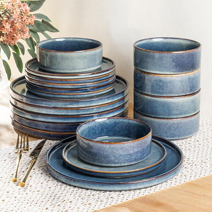 AmorArc Ceramic Dinnerware Sets for 6,18 Piece Plates and Bowls Sets Dishes | Stoneware Handmade Reactive Glaze Dishes Set | Highly Chip and Crack Resistant | Dishwasher & Microwave Safe