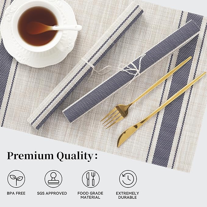 Leetaltree Khaki-Blue Placemats, Heat Resistant Non-Slip Place mats for Dining Table, Washable Durable PVC Vinyl Woven Table Mats (Set of 6)