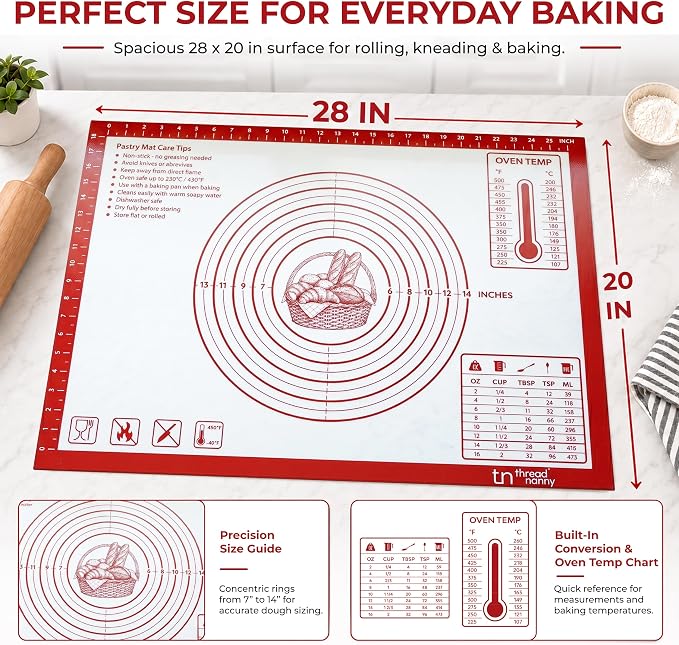 XL Silicone Pastry Mat for Baking Dough Mat, Extra Large 28x20 inches Red | Non-Stick & Non-Slip Dough Mat for Rolling Out with Measurements, Bread, Pizza, Pie Crust, Cookies, Fondant Oven Safe