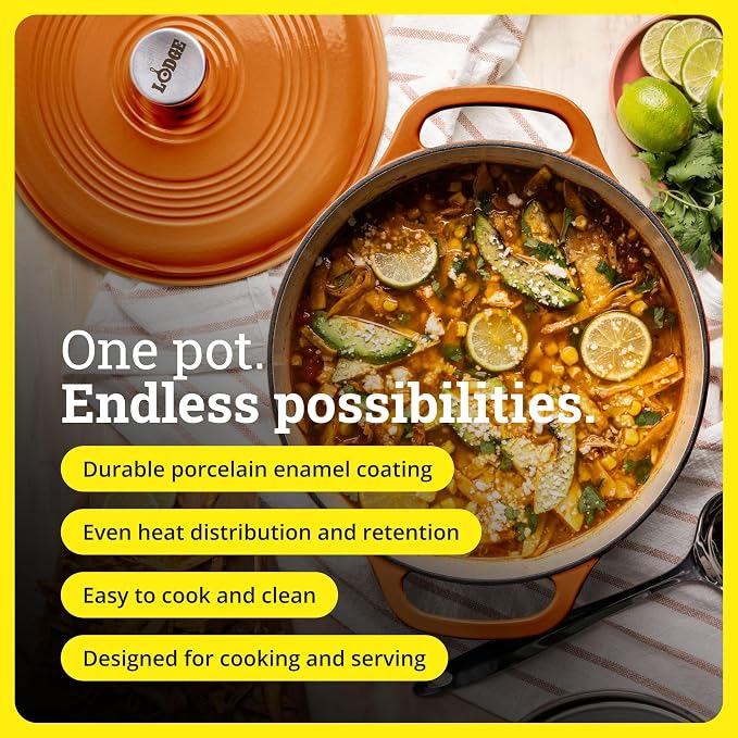 Lodge Essential Enamel Cast Iron Dutch Oven 6 Quarts - Perfect for Bread Baking, Braising, Marinating & Slow Cooking, Features Moisture-Sealing Lid & Dual Handles, Kitchen Essentials, Apricot