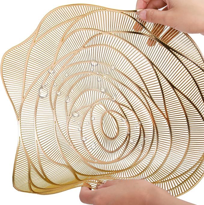 Lyellfe 20 Pack Gold Pressed Vinyl Placemats, 15 Inch Metallic Non-Slip | Washable PVC Chargers Placemat, including 10 Placemats and 10 Coasters for Dining Table, Wedding, Party, Rose Flower Shape