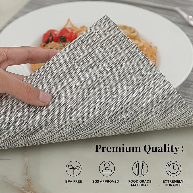 Leetaltree Silver Placemats Set of 12 - Heat Resistant Non-Slip Place mats for Dining Table, Washable Durable PVC Vinyl Woven Table Mats（Sliver, 12）