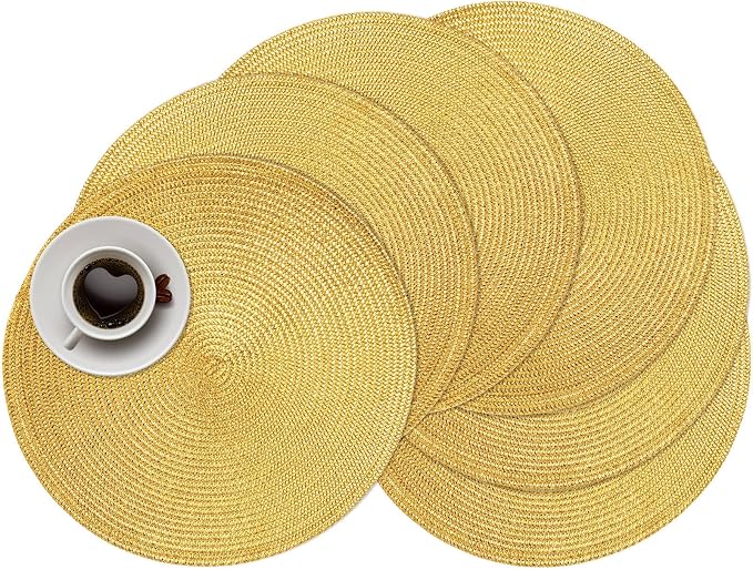 Zupro Round Golden Placemats Set of 6 Braided 15" Indoor/Outdoor Use | Heat Resistant Non-Slip Washable,for Kitchen Dining Tables Dinner Parties Thanksgiving Christmas and Everyday Use.