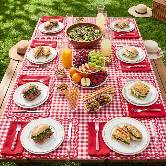 Linen Placemats Set of 12 Scalloped Placemat 13 X19 Wavy Embroidery Double Layered Washable Farmhouse Dinner Fabric Table Mat Napkin for Wedding Party Restaurant(Plaid,Red and White)