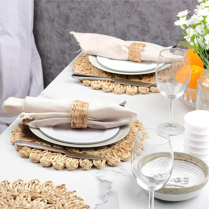 13.8" Corn Husk Woven Round Placemats Set of 6 - Wicker Boho Farmhouse Placemats - Rattan Table Mats for Dining Table, Wedding, Home