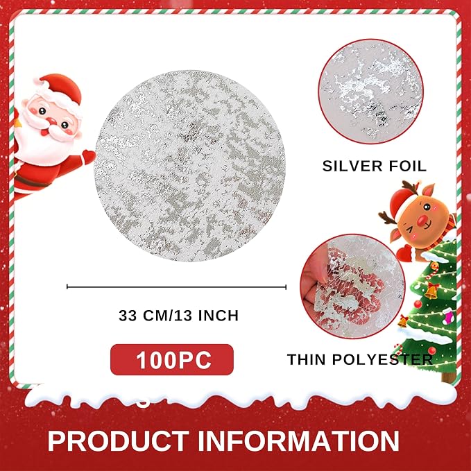 Snowkingdom Silver Disposable Placemats Set of 100 Foil Mesh 13 Inch Round Table Mates Bulk 100 Pack Silver Doilies for Dining Table Wedding Birthday Party Holiday Home Decoration