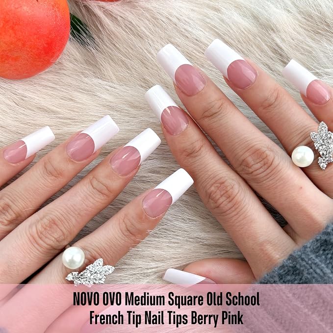 NOVO OVO Old School Retro French Tip Nails Wide White Press on, Medium Length Tapered Square BERRY PINK, Extra Thick Soft Gel Fake Acrylic Extension, Need Builder Gel, Top Coat, Glue 15 Sizes 240 pcs