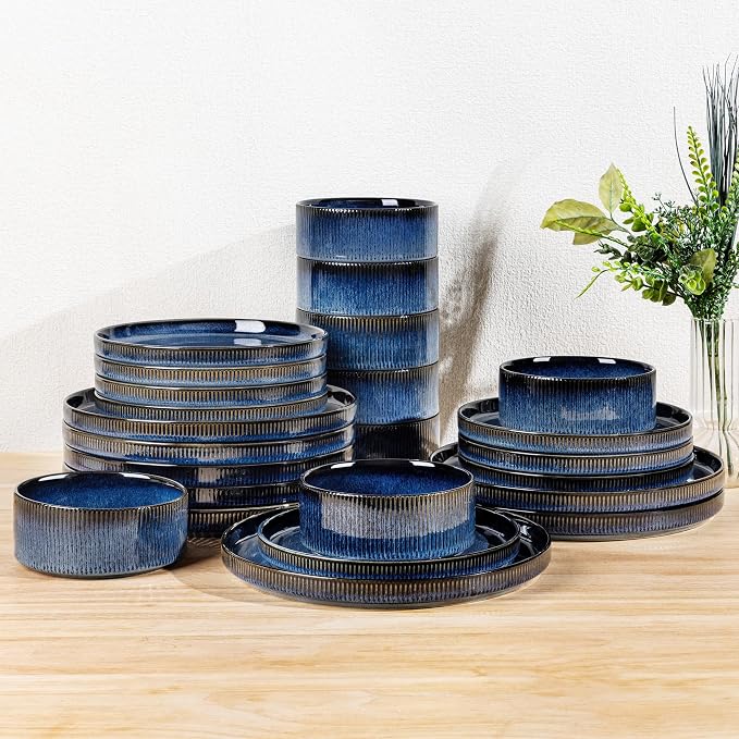 Ceramic Dinnerware Set for 8, 24-Piece Plates and Bowls Set | Lightweight Porcelain Dish Set, Scratch Resistant, Oven & Microwave & Dishwasher Safe, Starry Blue