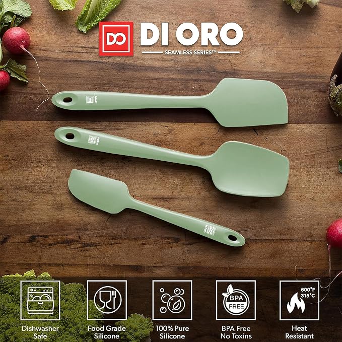 DI ORO Silicone Spatula Set - 600F Heat Resistant, 3-Pc Sage | Rubber scraper won't scratch nonstick pans; For baking, cooking, mixing, and frosting; BPA-free and dishwasher safe
