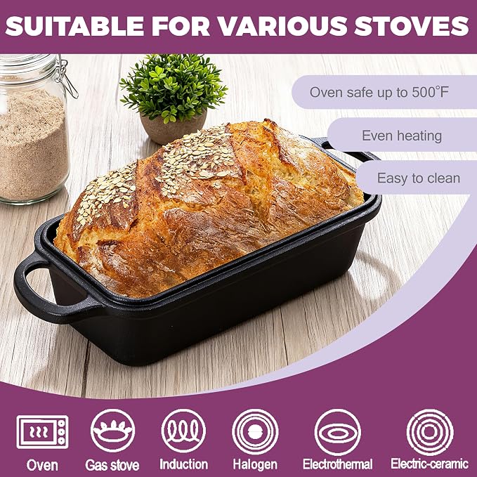 11x5 Inch Cast Iron Loaf Pan with Lid, Sourdough Pan | Large Dutch Oven Bread Loaf Pan for Sourdough, Homemade Bread Baking, Even Heat Distribution, 5.8Qt