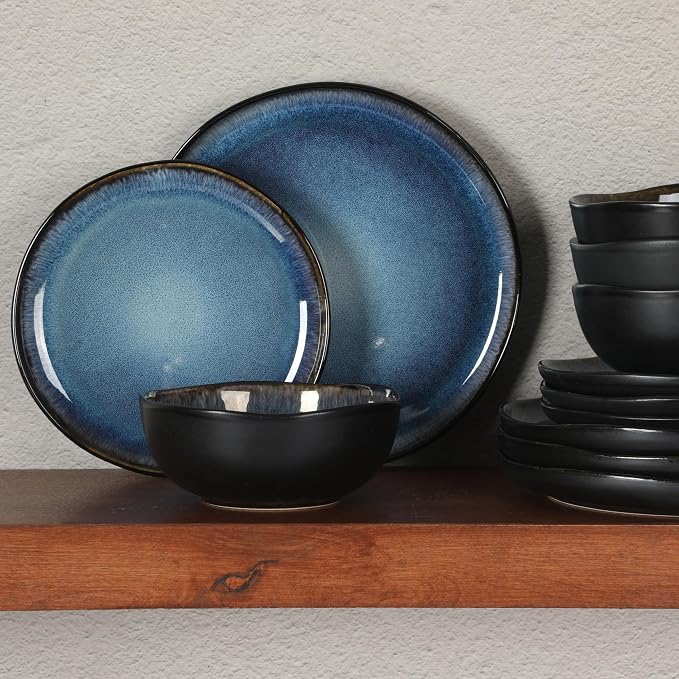 Gibson Elite Nardini 12 Piece (Service for 4) Plates and Bowls Reactive Glaze Dishes Stoneware Ceramic Dinnerware Set - Black and Blue