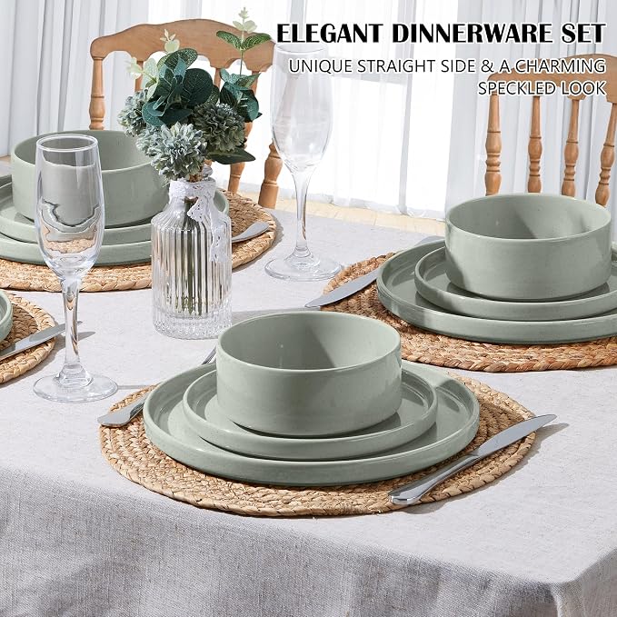 E-far Stoneware Dinnerware Sets, 12-Piece Plates and Bowls Set for 4, Green | Kitchen Modern Dishes Dining Ware, Chip and Scratch Resistant, Microwave & Dishwasher Safe, Speckled Green