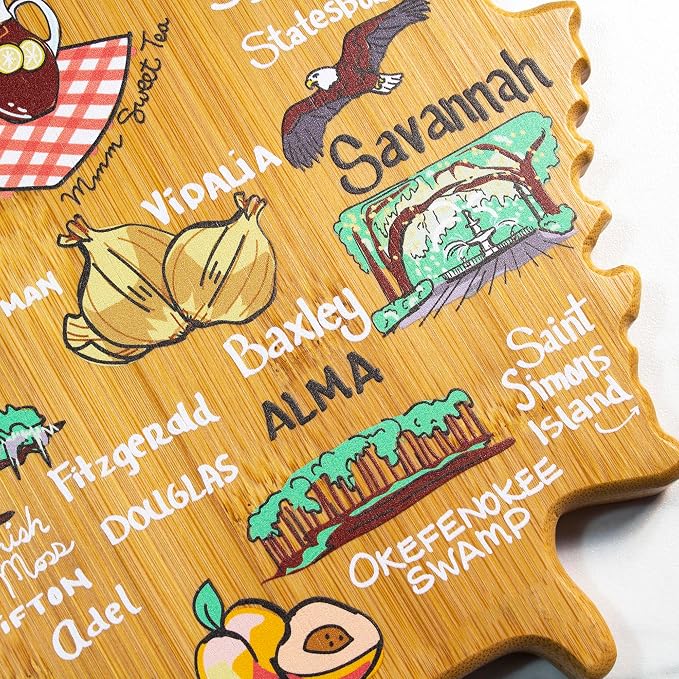 Totally Bamboo Georgia State Shaped Cutting Board, Art by Fish Kiss | State charcuterie board with colorful hand-drawn map artwork. Smooth reverse side for food prep. Hang tie for wall display.