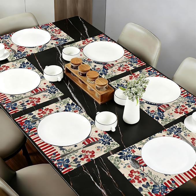 Independence Day Cloth Placemats,American Butterfly Flowers Heat-Resistant Table Placemats Set of 6, Washable Linen Place Mats for Dining Room Table Decor Home Restaurant Cafes Party 11.8x17.7 Inch