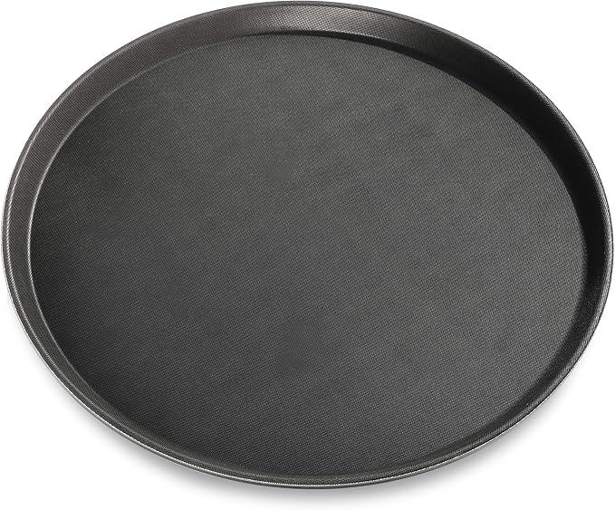New Star Foodservice Restaurant Grade Non-Slip Serving Tray, 16 Inch Round Black Plastic Tray with Rubber-Lined Surface, Bar, Catering, Restaurant, and Foodservice Tray