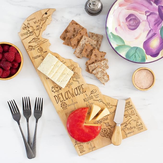 Totally Bamboo Destination Delaware State Shaped Cutting Board | State charcuterie serving board with engraved map artwork. Smooth reverse side for food prep. Hang tie for wall display.