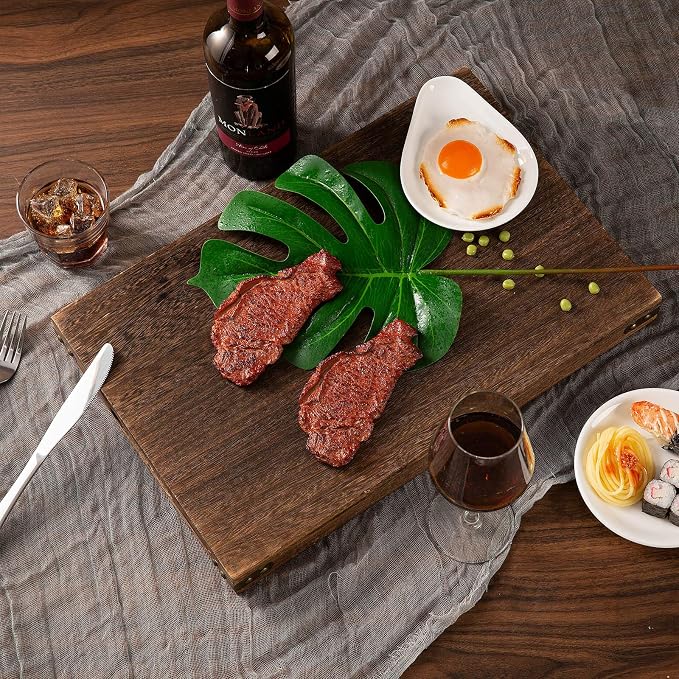 Rustic Wooden Serving Trays with Handle - Set of 7 Rectangular Platters for Entertaining, Breakfast, Coffee Table, Home Decor | 4 Sizes Tray-Snacks to Entrees,Decorative Serving Platter for Breakfast Bed,Lunch,Ottoman,Coffee Table,BBQ-Great for Lap&Sofa