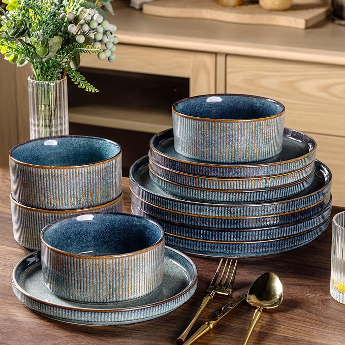 GBHOME Stoneware Dinnerware Sets for 4, 12-Piece Plates and Bowls Set | Handmade Reactive Glaze Ceramic Dish Set, Scratch Resistant, Dishwasher&Microwave Safe,Ceylon Blue