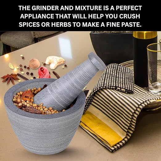 Mortar and Pestle, Made of Heavy Duty Polished Hard Stone, Natural Stone Grinder for Spices, Pastes, Herbs, Seasoning etc. (Rugged, Normal)