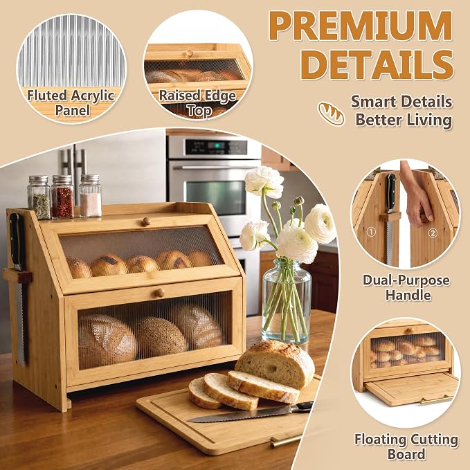 Bread Box for Kitchen Countertop & Cutting Board, 16" Large Bread Container | Bamboo Bread Box with Tool Holder & Cutting Board & Handle, 2-Tier Kitchen Organizer for Homemade Bread & Condiments, Natural