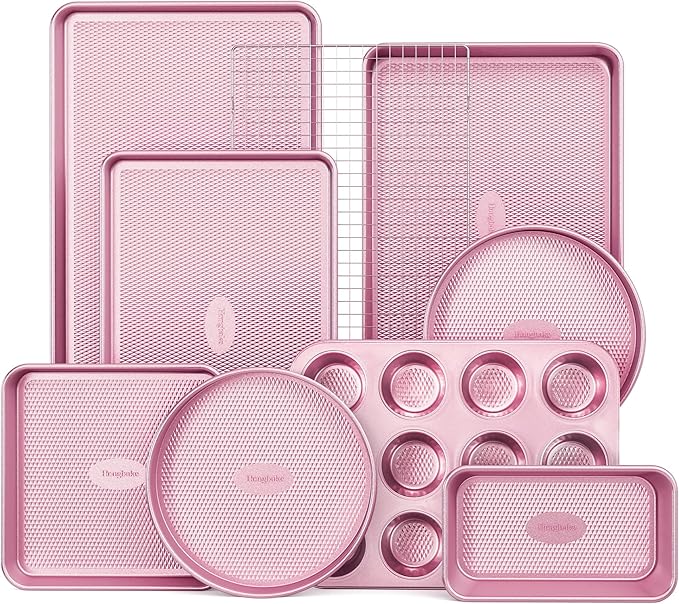9-Piece Baking Pans Set Nonstick, Stackable Non Toxic Bakeware Sets with Diamond Texture, Oven Pan Set for Cooking, Includes Cookie Sheet with Rack, Cake Pan, Roasting Pan, Muffin Tin, Pink
