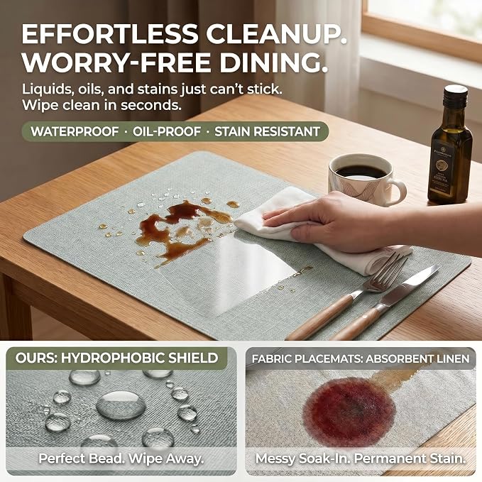 Faux Leather Placemats Set of 4, Wipeable Waterproof Stain Resistant Table Mats, Heat Resistant Thick Placemats with Hand-Painted Edges for Kitchen Dining, Imitative Linen Texture, Various Shapes