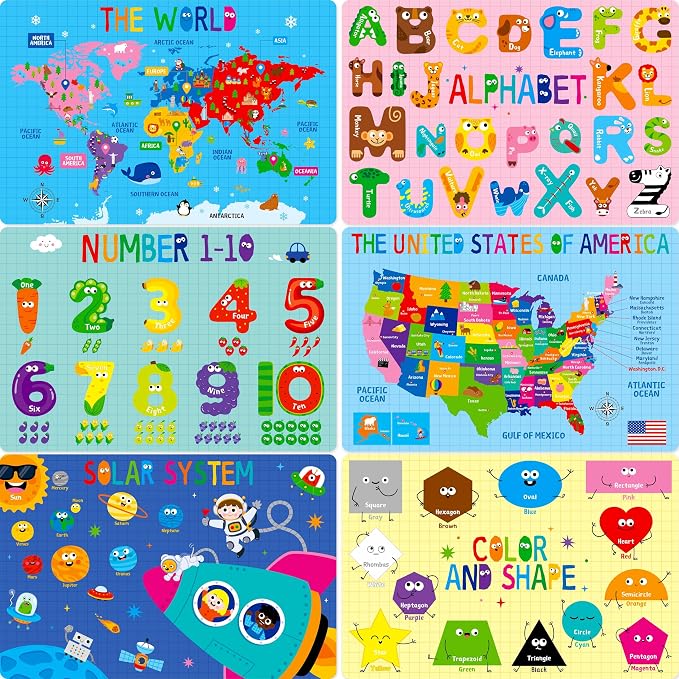 6 Pack Placemats for Kids, Non-Slip Washable, Reusable Alphabet, Number, Shape & Color, Universe, Map Themed Educational Placemats for Home, Kindergarten, Classroom, Nursery