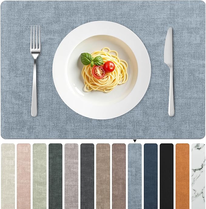 FROMHEART Faux Leather PU Placemats Set of 8 (Light Blue,11.8" x 17") | Waterproof,Heat/Oil Stain-Resistant Table Mat–Reversible,Non-Slip,Easy to Clean Place Mats for Kitchen,Dining,Indoor/Outdoor
