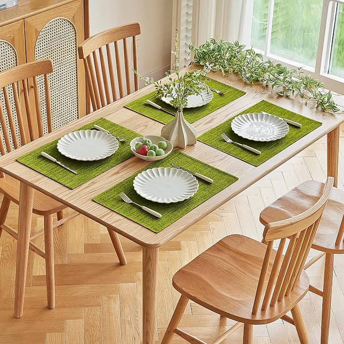 Softalker Faux Linen Placemats Set of 12-12 x 18 Inch, Heat Resistant Double Layered Durable Burlap Farmhouse Place Mats, Non-Slip Washable Rustic Table Mats for Dining, Kitchen, Party（Lime Green