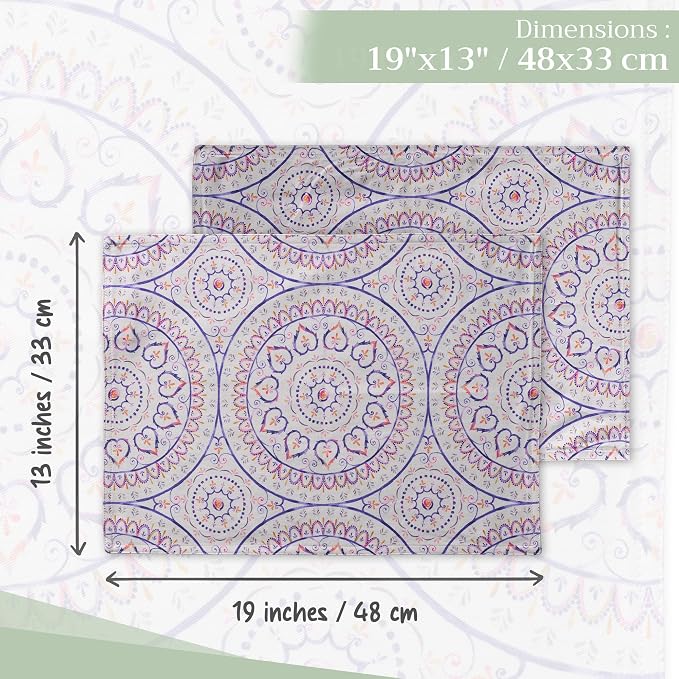 Maison d' Hermine Placemats Set of 4 Reusable 100% Cotton (13"x19") | Cloth Place Mats Washable Table Mats for Kitchen Dining Party Wedding Hotel Home Restaurant Spring Summer - Mandala